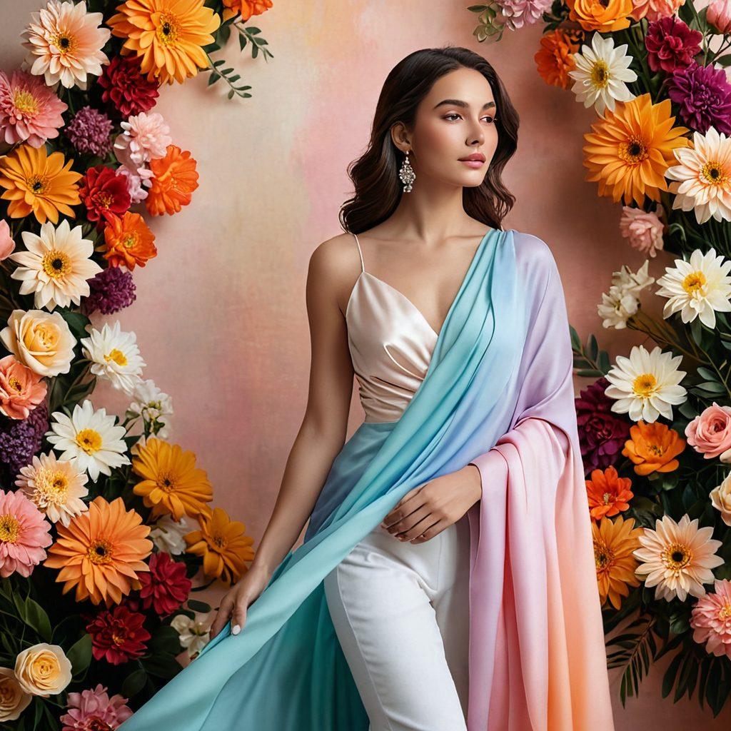 A graceful woman draped in soft, flowing fabrics, surrounded by an array of diverse flowers symbolizing beauty and empowerment. Her serene expression conveys confidence and self-worth, with subtle hints of modern elegance. The background features a soft pastel gradient, exuding warmth and positivity. artistic photography. vibrant colors. soft focus.