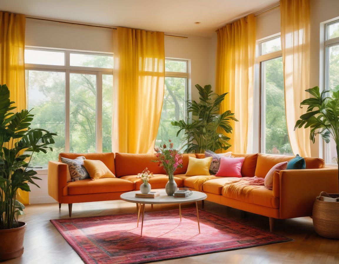 A diverse group of stylish individuals of varying body types joyfully interacting in a bright, modern living space filled with greenery and colorful decor. They are wearing fashionable, comfortable clothing that promotes body positivity, with self-love phrases subtly included in the artwork around them. The background features a sunlit window with soft, flowing curtains, enhancing the warm, welcoming atmosphere. vibrant colors. modern art style. natural light.