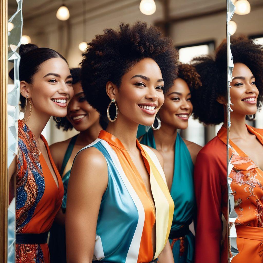 A diverse group of empowered women of varying ethnicities confidently showcasing chic fashion, standing against a backdrop of abstract beauty standards represented by shattered mirrors. They are smiling, embodying strength and confidence, with bold colors and unique styles that highlight individuality. The overall atmosphere radiates empowerment and inclusivity. vibrant colors. super-realistic. soft focus.